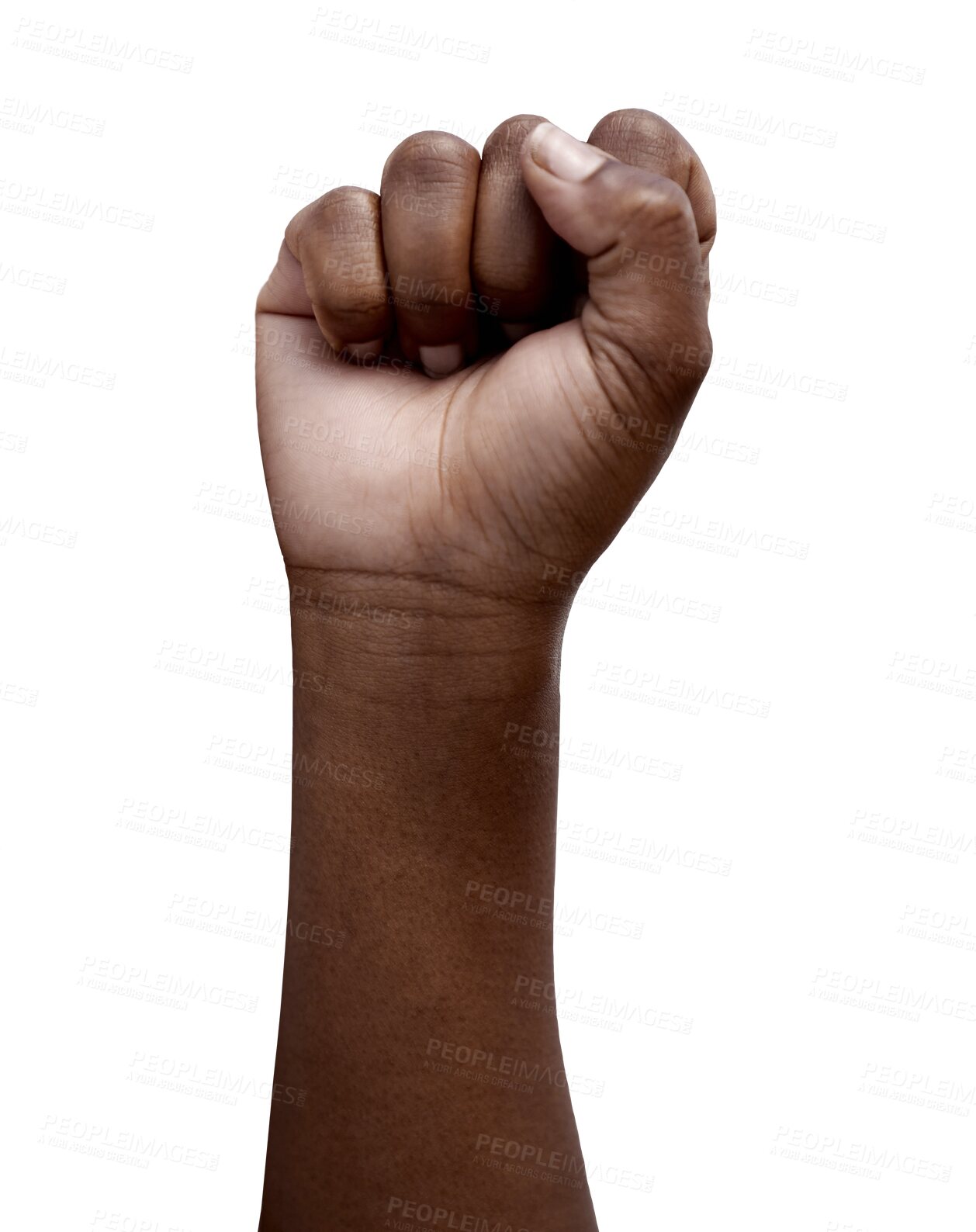 Buy stock photo Freedom, protest and hand in fist for justice or solidarity, equality and support for the black community. Fight, power. and politics for human rights on isolated, transparent or png background