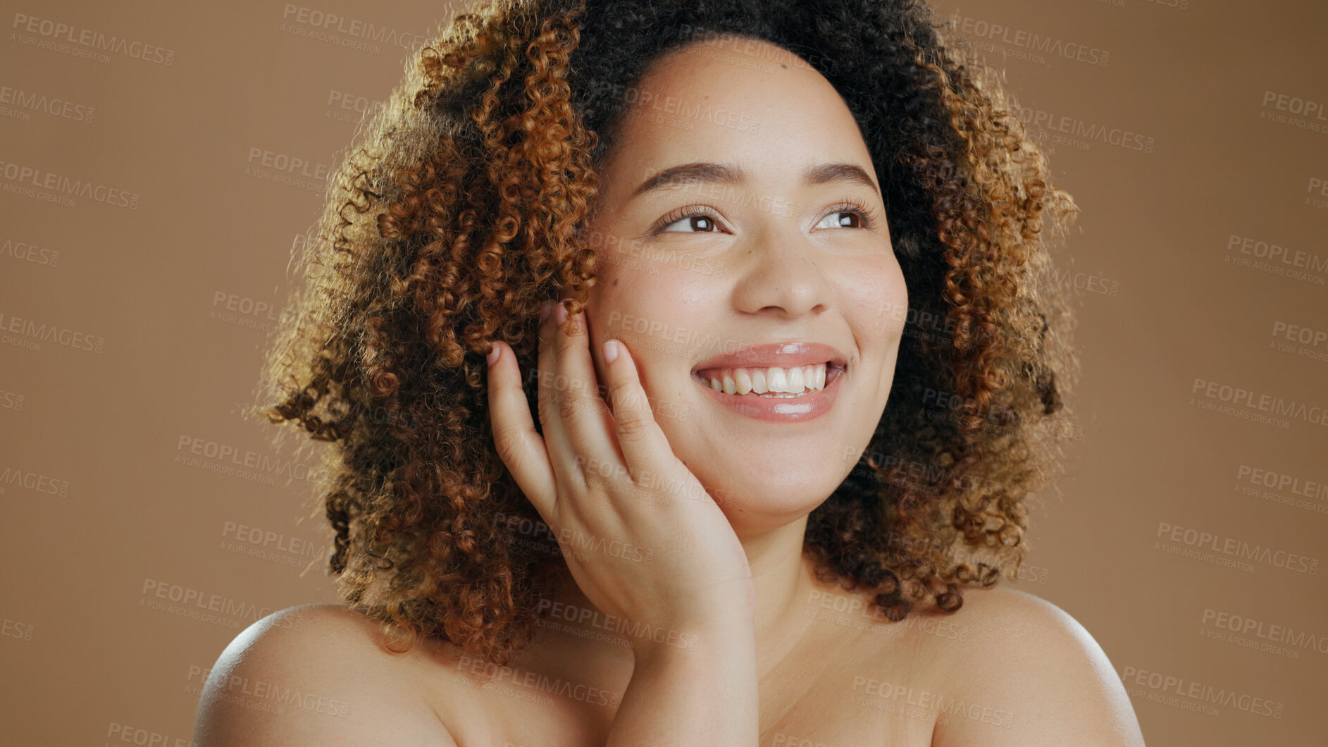 Buy stock photo Happy woman, face and skincare in beauty, natural or cosmetics against a studio background. Female person or model smile or thinking for dermatology, soft skin or facial spa treatment and grooming