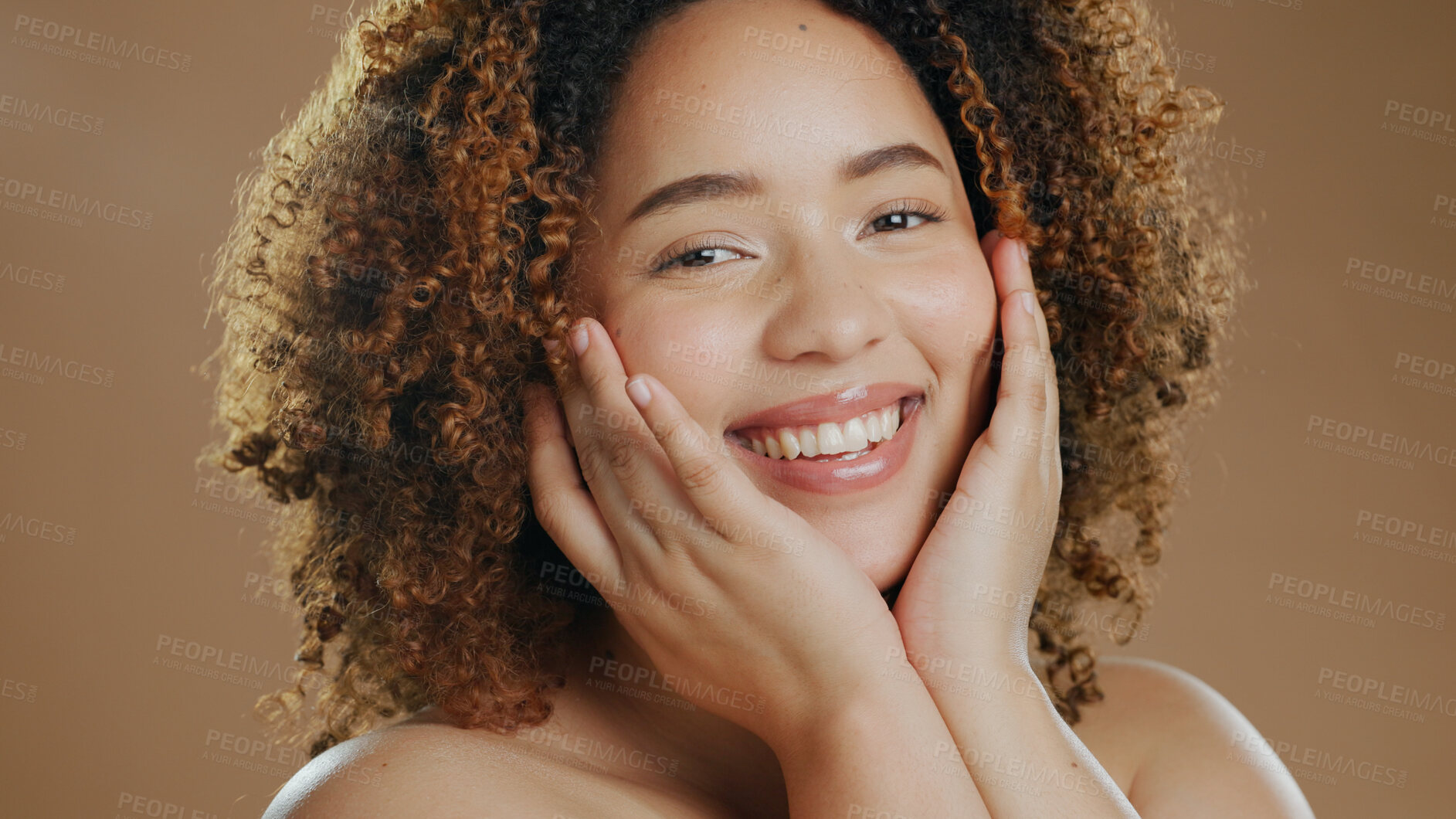 Buy stock photo Happy woman, portrait and face in beauty skincare, makeup or cosmetics against a studio background. Closeup of female person or model smile for dermatology, soft skin or spa treatment and grooming