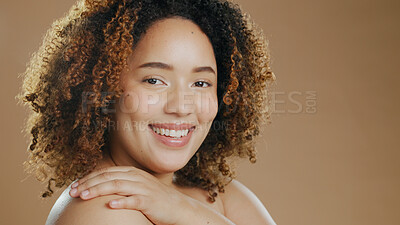 Buy stock photo Portrait of happy woman, skincare or natural beauty for wellness in studio with smile or skin glow. Face, pride or confident biracial female person with dermatology mockup space on brown background