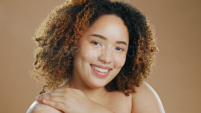 Buy stock photo Portrait of happy woman, natural beauty or healthy skin for wellness in studio with smile or glow. Dermatology, cosmetics or confident biracial girl model with skincare results on brown background