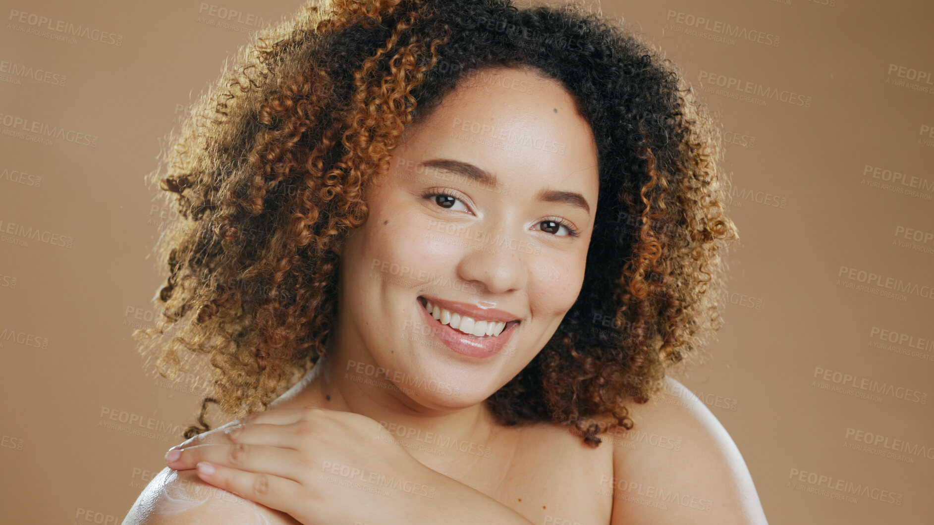 Buy stock photo Portrait of happy woman, natural beauty or healthy skin for wellness in studio with smile or glow. Dermatology, cosmetics or confident biracial girl model with skincare results on brown background