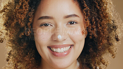Buy stock photo Skincare, cream and face of happy woman with dermatology, beauty or happiness on brown background in studio. Skin, care or portrait with cosmetics, lotion or sunscreen product for health or wellness