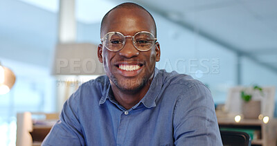 Buy stock photo Manager, portrait and black man with smile at desk in office for with pride, confidence and success in entrepreneurship. Businessman, face and happiness for professional or corporate career in Kenya