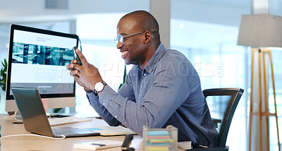 Buy stock photo African man, phone and texting in office at investing agency with smile for deal, networking or lead on stock. Happy trader, smartphone and black business owner with reading email notification on web
