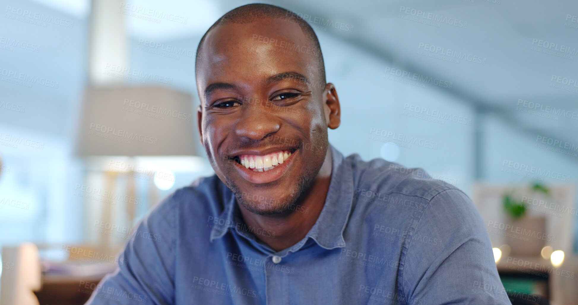 Buy stock photo Black man, portrait and manager with smile at desk in office for with pride, confidence and success in entrepreneurship. Businessman, face and happiness for professional or corporate career in Kenya
