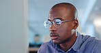 Happy black man on computer for digital, internet or online management, software solution or goals. Business person with data analytics, stock market research and night reading in glasses reflection