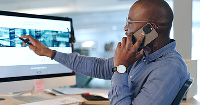 Buy stock photo Businessman, phone call and pointing at computer in office while talk, consult or listen. Black person, analyst or developer for customer service with communication, feedback or support on website