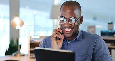 Buy stock photo Businessman, black man and tablet with thinking, networking and planning in modern office with glasses. Face, african person and touchscreen for reading, technology and digital marketing at workplace