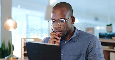Buy stock photo Thinking, tablet and black man in office for research, ideas and brainstorming with glasses or agenda. Technology, corporate and male worker on digital tech for internet, online project and strategy