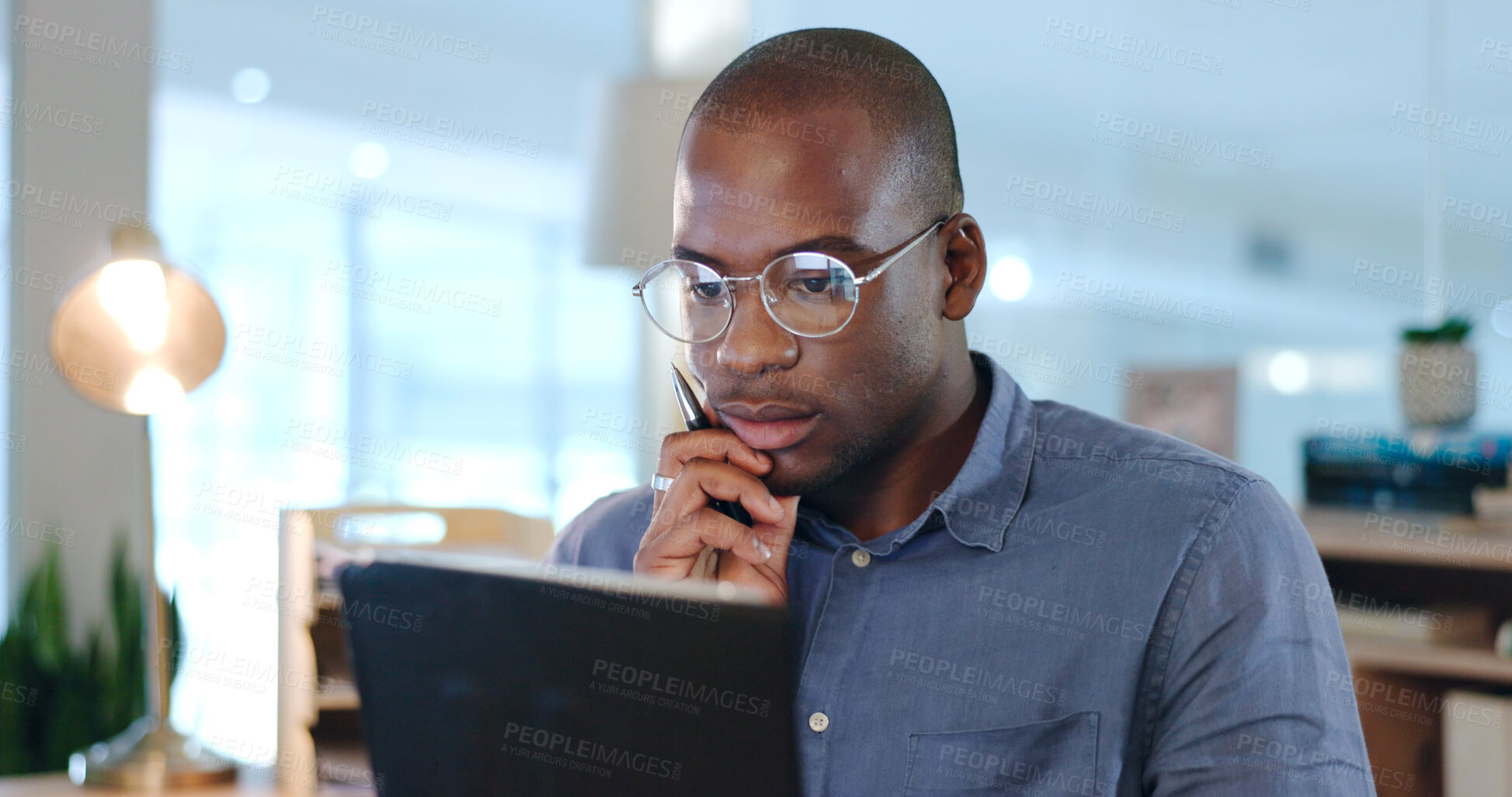 Buy stock photo Thinking, tablet and black man in office for research, ideas and brainstorming with glasses or agenda. Technology, corporate and male worker on digital tech for internet, online project and strategy