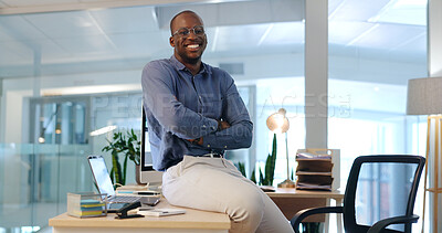 Buy stock photo Smile, crossed arms and portrait of businessman in the office with confidence for success. Happy, legal career and professional African male lawyer sitting on his desk in modern workplace for case.