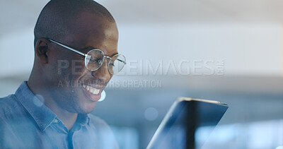Buy stock photo Reading, tablet and African businessman in the office planning legal project with deadline. Digital technology, glasses and professional male attorney working on a law case in workplace at night.