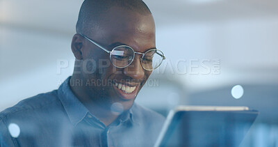 Buy stock photo Reading, tablet and professional black man in the office planning legal project with deadline. Research, digital technology and professional African attorney working on law case in workplace at night