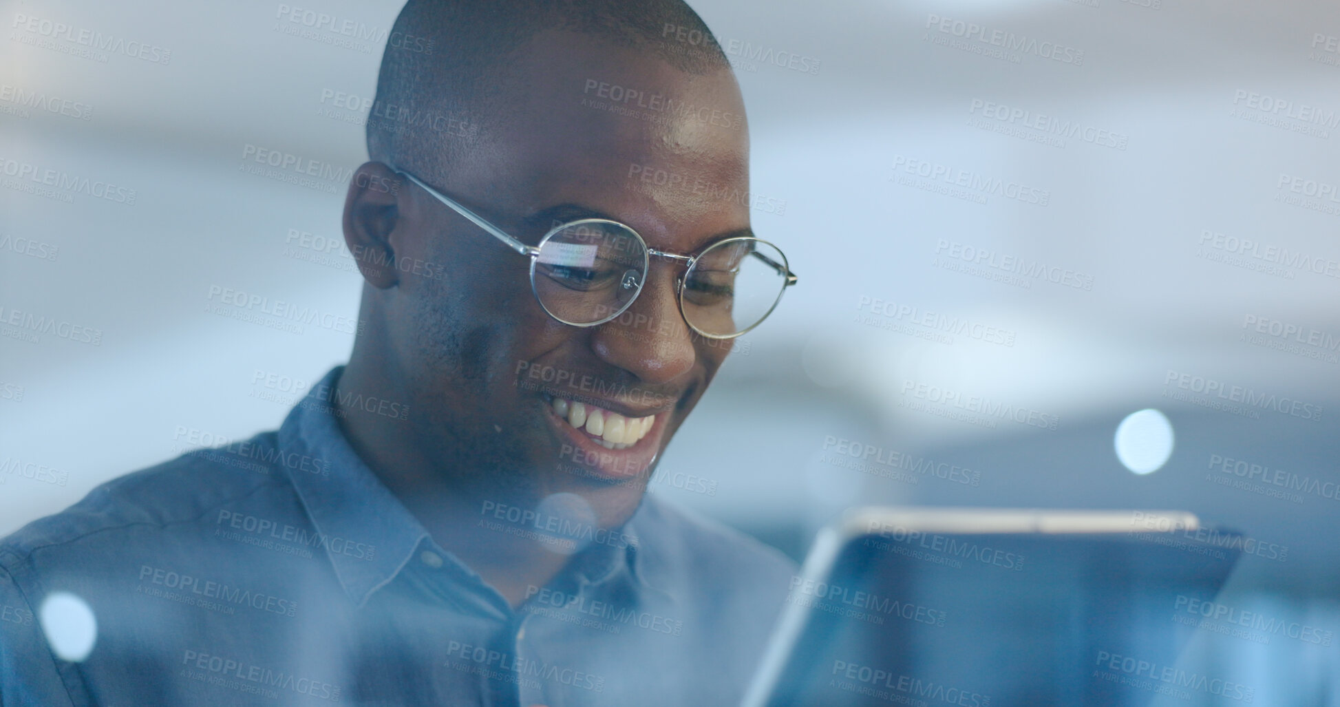 Buy stock photo Reading, tablet and professional black man in the office planning legal project with deadline. Research, digital technology and professional African attorney working on law case in workplace at night