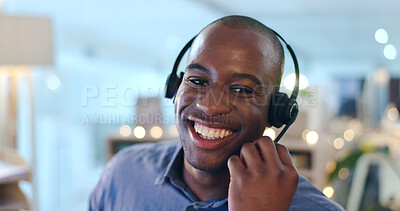 Buy stock photo Happy black man, portrait and call center in customer service, support or telemarketing with headphones at office. Face of African male person, consultant or agent smile in online advice at workplace