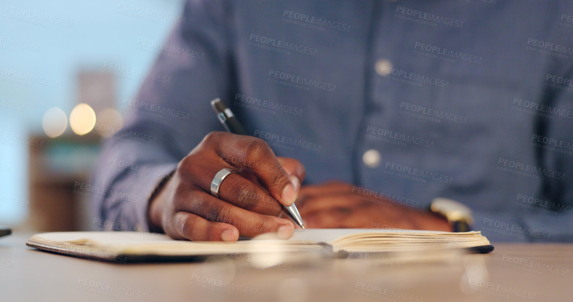 Buy stock photo Businessman, writing and book for schedule planning, ideas or brainstorming strategy on table at office. Closeup of male person, hands or employee taking notes for project plan or agenda at workplace