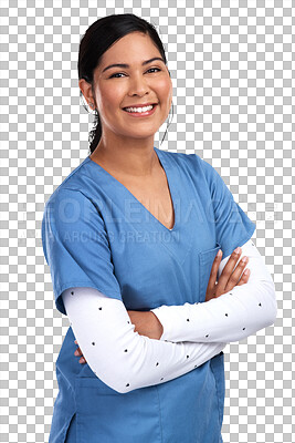 Buy stock photo Nurse in portrait, woman and arms crossed with smile, healthcare professional isolated on transparent png background. Happy female person in medicine, hospital staff and confidence with nursing
