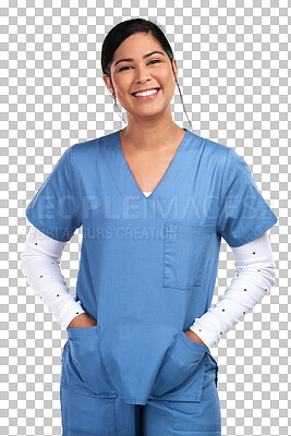 Buy stock photo Medical, portrait and happy female nurse, doctor and surgeon in scrubs with pride. Professional, smile and face of a young Mexican woman healthcare worker isolated by a transparent png background.