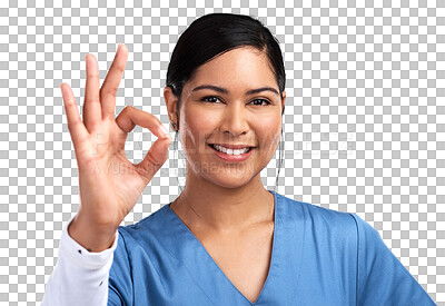 Buy stock photo Okay sign, portrait and woman nurse isolated on transparent png background for yes or healthcare success. Face of happy doctor, surgeon or latino person ok hand or emoji, clinic or medical excellence