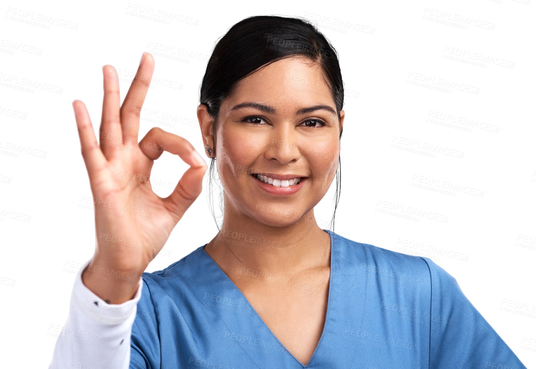 Buy stock photo Okay sign, portrait and woman nurse isolated on transparent png background for yes or healthcare success. Face of happy doctor, surgeon or latino person ok hand or emoji, clinic or medical excellence
