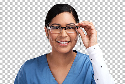 Buy stock photo Woman nurse in portrait, glasses and vision with eye care, smile with eyewear isolated on png transparent background. Female medical professional, health for eyes and prescription lens with frame