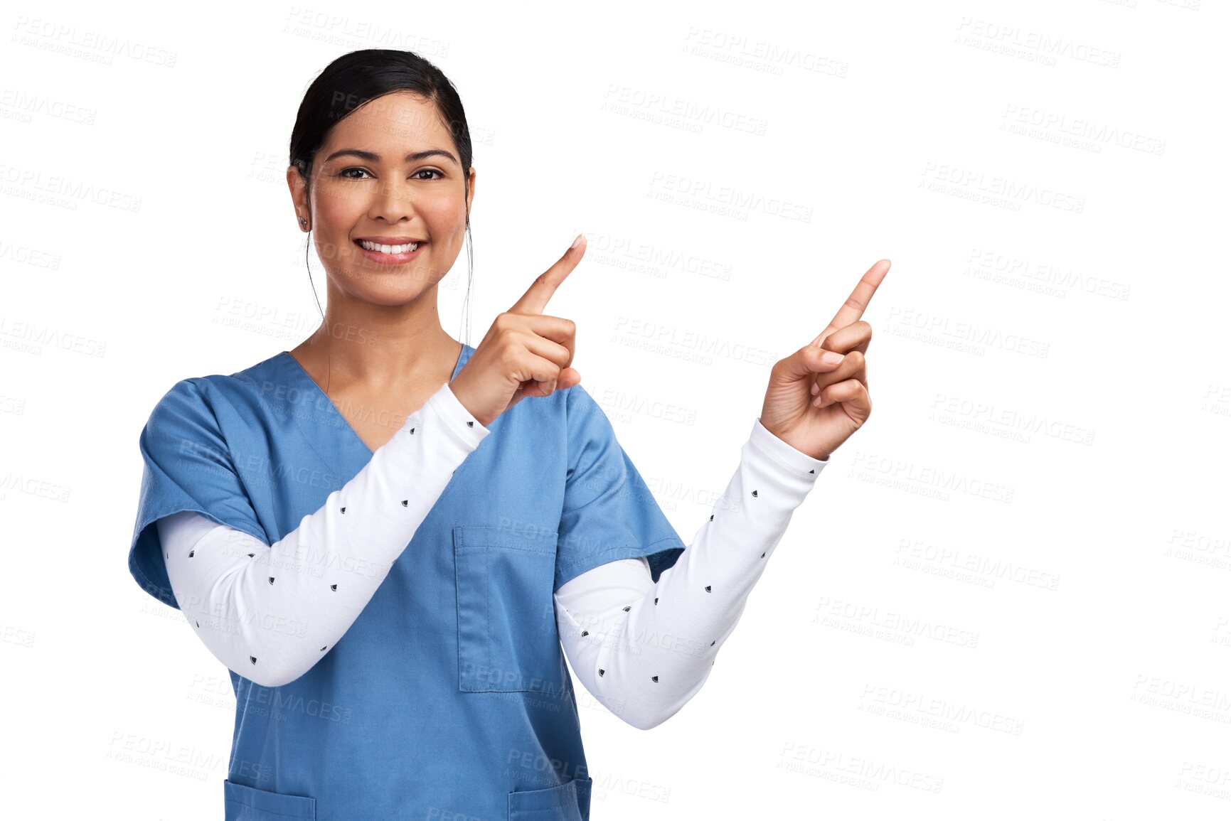 Buy stock photo Portrait, smile and woman nurse pointing, isolated on transparent png background in health care promo. Caregiver, happy female medical expert or doctor showing healthcare tips or advice announcement.