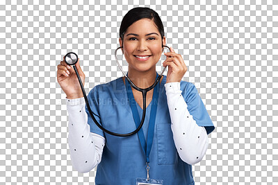 Buy stock photo Cardiology doctor, stethoscope and woman portrait isolated on transparent png background for healthcare service. Heart health, listen and face of medical nurse or latino person in clinic consultation