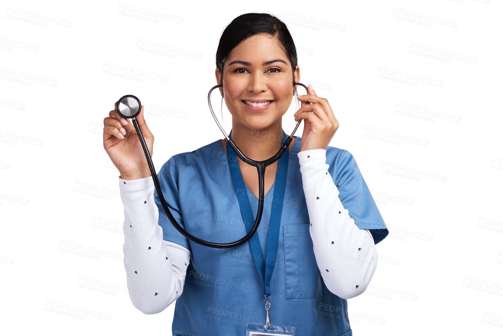 Buy stock photo Cardiology doctor, stethoscope and woman portrait isolated on transparent png background for healthcare service. Heart health, listen and face of medical nurse or latino person in clinic consultation