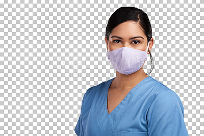 Buy stock photo Face mask, healthcare and portrait of a nurse woman isolated on a transparent, png background. Professional female person, surgeon or medical doctor with ppe for safety, covid virus or surgery