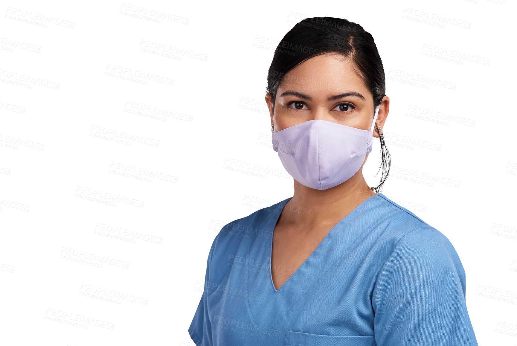 Buy stock photo Face mask, healthcare and portrait of a nurse woman isolated on a transparent, png background. Professional female person, surgeon or medical doctor with ppe for safety, covid virus or surgery