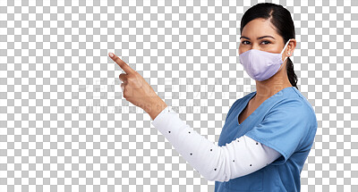 Buy stock photo Healthcare, portrait of a doctor woman pointing and with face mask isolated against a transparent png background. Health, wellness and female surgeon or nurse point for advertising or marketing