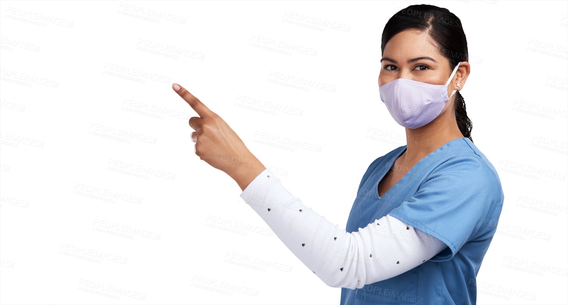 Buy stock photo Healthcare, portrait of a doctor woman pointing and with face mask isolated against a transparent png background. Health, wellness and female surgeon or nurse point for advertising or marketing