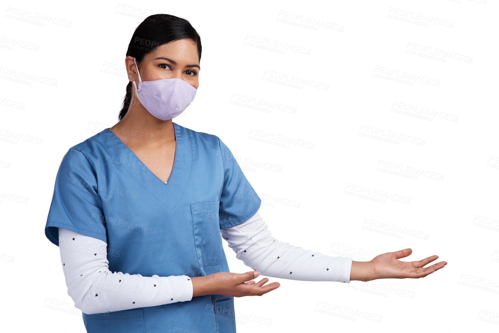 Buy stock photo Portrait, mask and woman doctor presenting, isolated on transparent png background and pointing at health promo. Advice, female professional or expert nurse showing healthcare tips or announcement.
