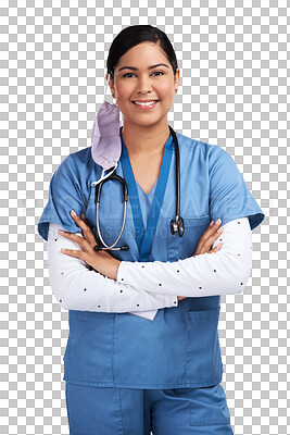 Buy stock photo Healthcare, smile and a nurse woman with face mask isolated on a transparent, png background. Professional person, surgeon or doctor with arms crossed after finish or complete surgery, virus or covid