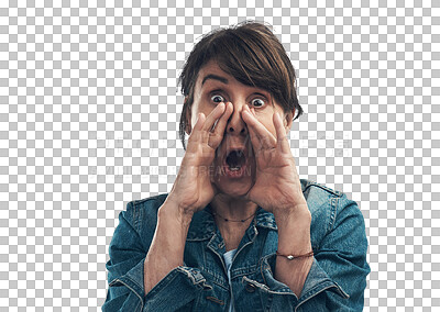 Buy stock photo Senior woman in portrait, scream and loud voice with cheers and crazy isolated on png transparent background. Excited, yell and communication, old female model with hands cupping mouth and shouting