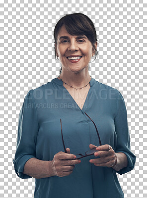 Buy stock photo Smile, business and portrait of a mature woman with glasses isolated on transparent, png background. Face of senior executive, CEO or manager person happy about corporate career and confidence