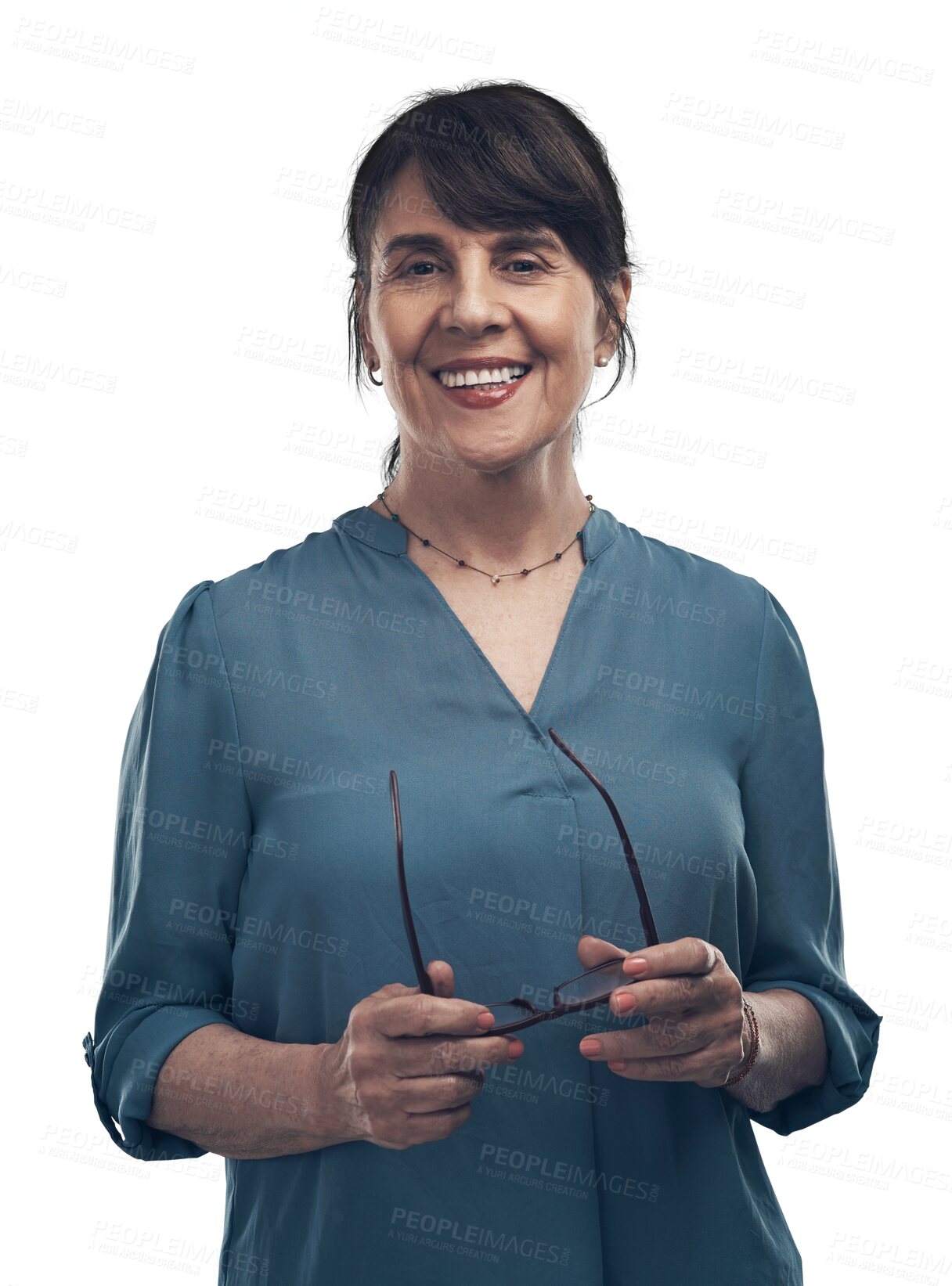 Buy stock photo Smile, business and portrait of a mature woman with glasses isolated on transparent, png background. Face of senior executive, CEO or manager person happy about corporate career and confidence