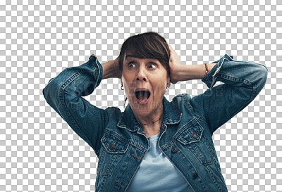 Buy stock photo Face, shocked woman isolated and against a transparent png background. Surprise or in shock, confused expression or accident and wow facial reaction of a female person for news with emotion.