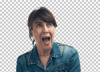 Buy stock photo Senior woman with fear, portrait and surprise, screaming with drama problem isolated on transparent png background. Scared, shock reaction and crisis with elderly female model, wow face and alert