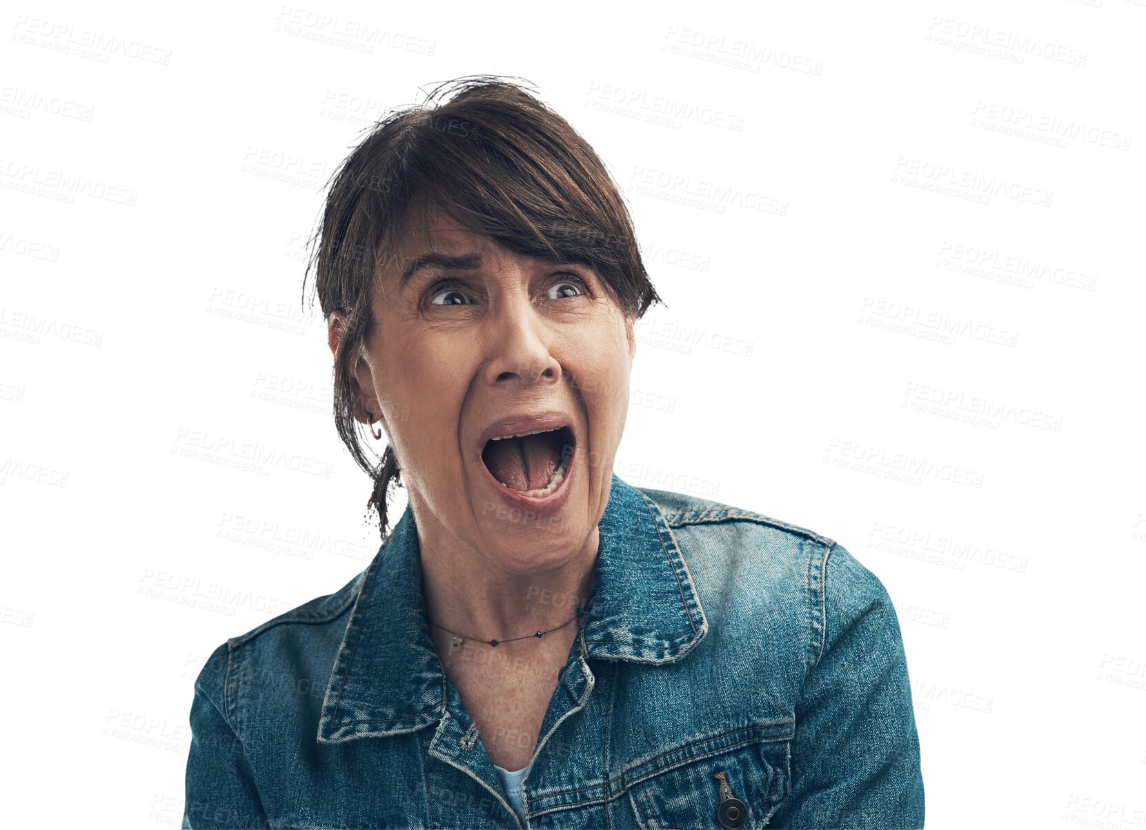 Buy stock photo Senior woman with fear, portrait and surprise, screaming with drama problem isolated on transparent png background. Scared, shock reaction and crisis with elderly female model, wow face and alert