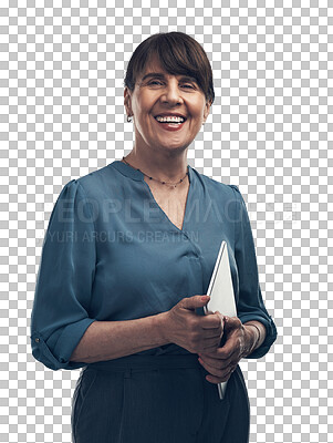 Buy stock photo Happy, mature and portrait of a woman with a tablet for work schedule, internet and connection. Smile, business and a manager with technology for connectivity isolated on a transparent png background