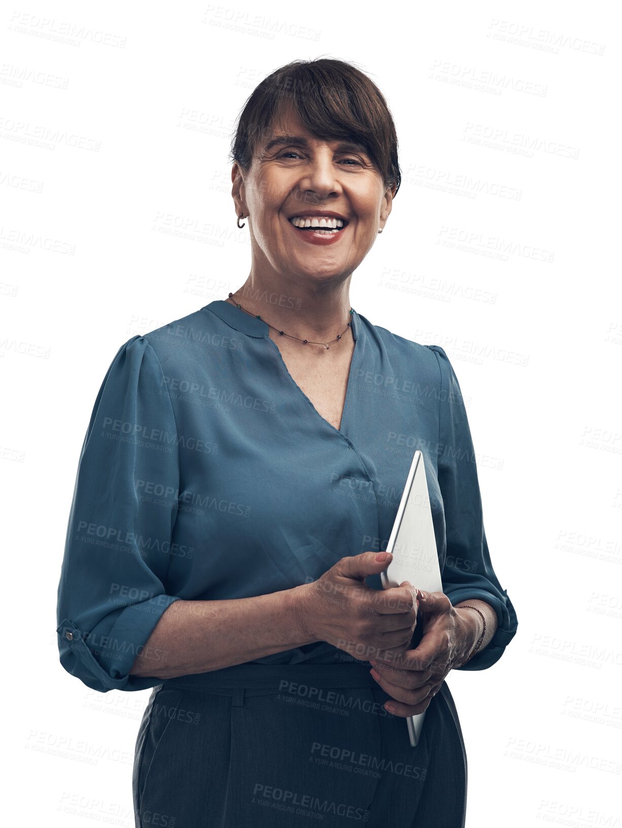 Buy stock photo Happy, mature and portrait of a woman with a tablet for work schedule, internet and connection. Smile, business and a manager with technology for connectivity isolated on a transparent png background
