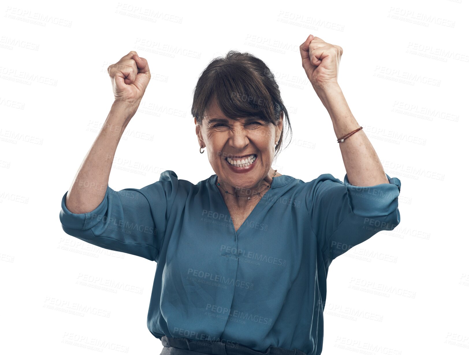 Buy stock photo Senior business woman, fist pump with celebration and winner isolated on transparent png background. Yes, cheers and professional win with female executive, portrait and excited about job success