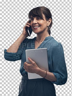 Buy stock photo Phone call, business and senior woman with a tablet, connection and network isolated against a transparent background. Female person, employee and consultant with smartphone, png and conversation