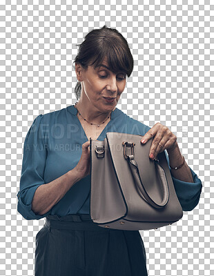 Buy stock photo Senior business woman search in handbag, find lost personal possession and money isolated on transparent png background. Professional female person, surprise in leather bag and investment return