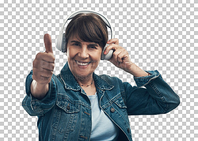 Buy stock photo Music headphones, portrait and woman thumbs up isolated on a transparent png background. Smile, radio and person with like hand emoji for success, listening and streaming review for jazz podcast.