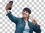PNG of Studio shot of a senior woman taking selfies while wearing headphones.