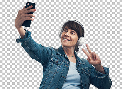 Buy stock photo Isolated woman, selfie and headphones with peace sign, smile or memory for blog by transparent png background. Senior influencer lady, music and photography for social media, profile picture or post
