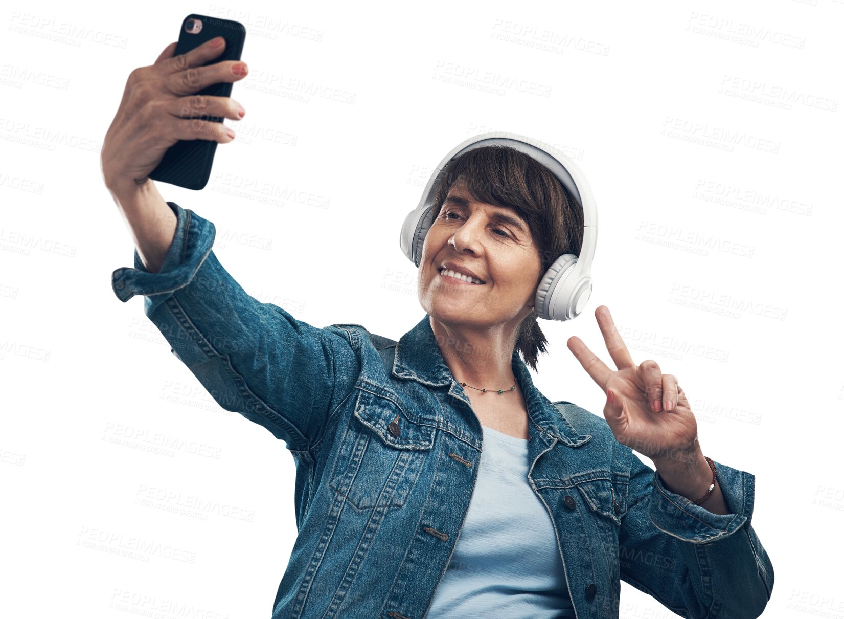 Buy stock photo Isolated woman, selfie and headphones with peace sign, smile or memory for blog by transparent png background. Senior influencer lady, music and photography for social media, profile picture or post